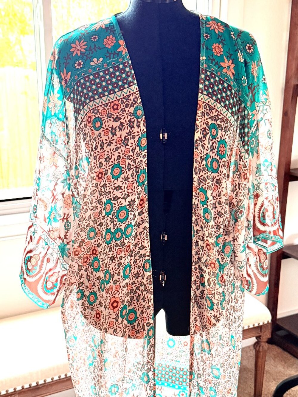 Boho Teal Floral Long Kimono Duster Sheer Lightweight One Size